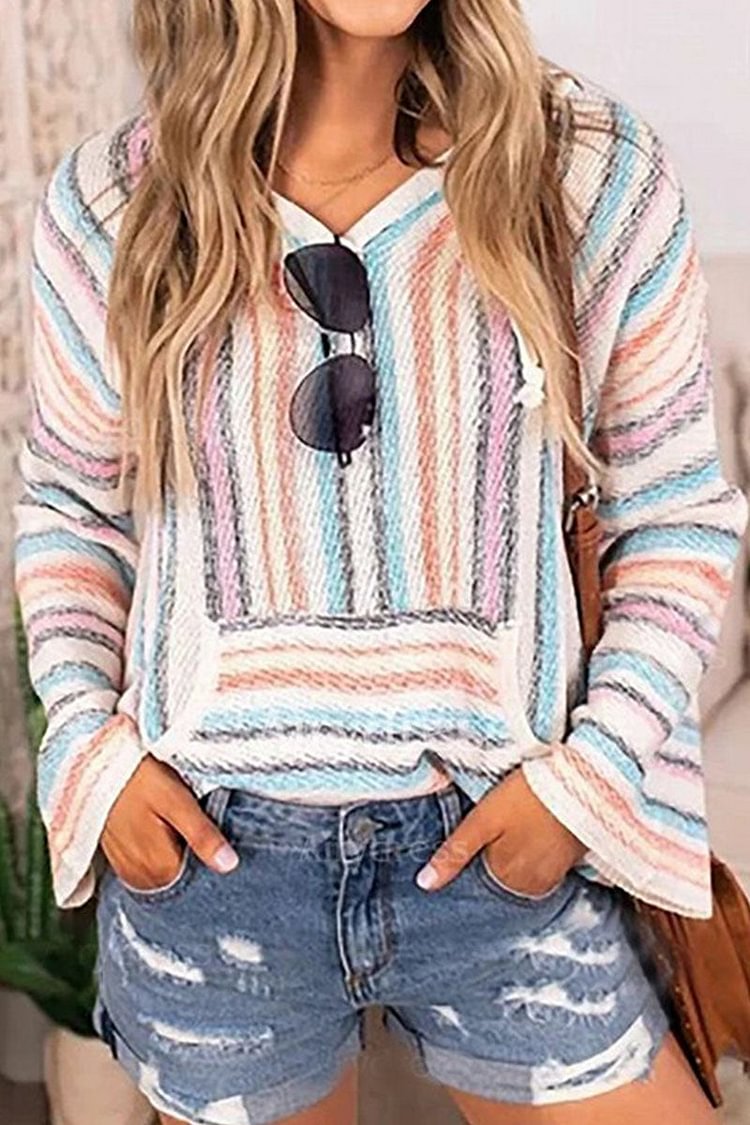 Fashion Striped Split Joint Hooded Collar Tops - Life is Beautiful for You - SheChoic