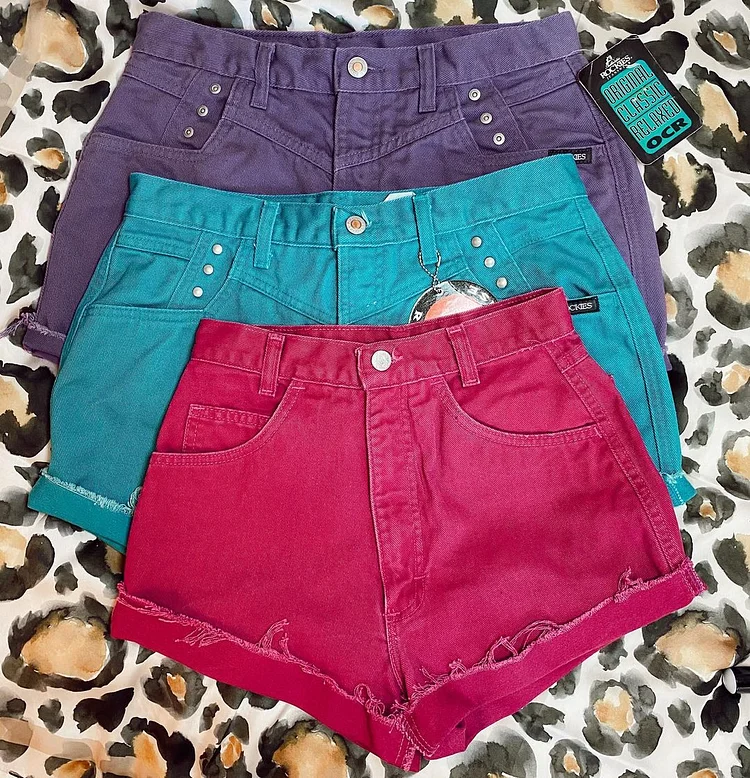 Vintage Wash High Waist Denim Rolled Hem Shorts- Purple/ Green/ Red