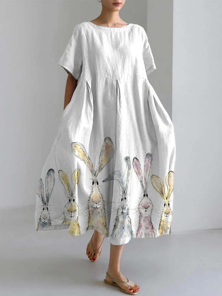 Comstylish Watercolor Bunny Print Linen Blend Casual Dress