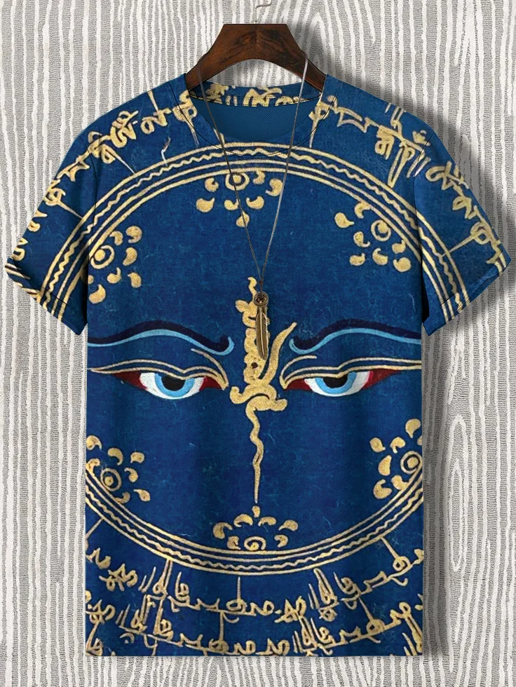 Men's Hand-painted Thangka Buddha Eyes Print Casual T-Shirt