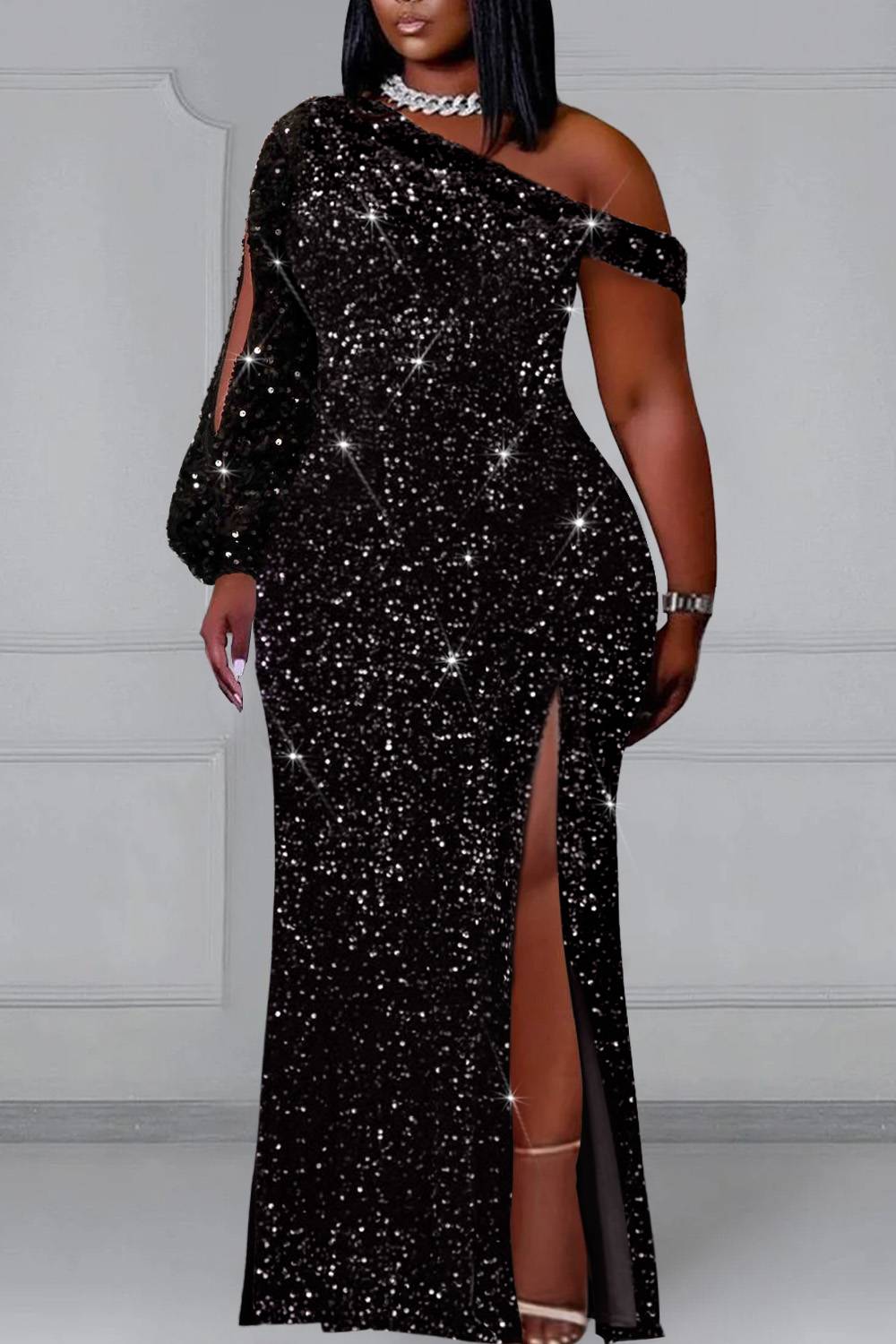 Party Solid Sequins Oblique Collar Long Sleeve Dresses Party Solid Sequins Oblique Collar Long Sleeve Dresses