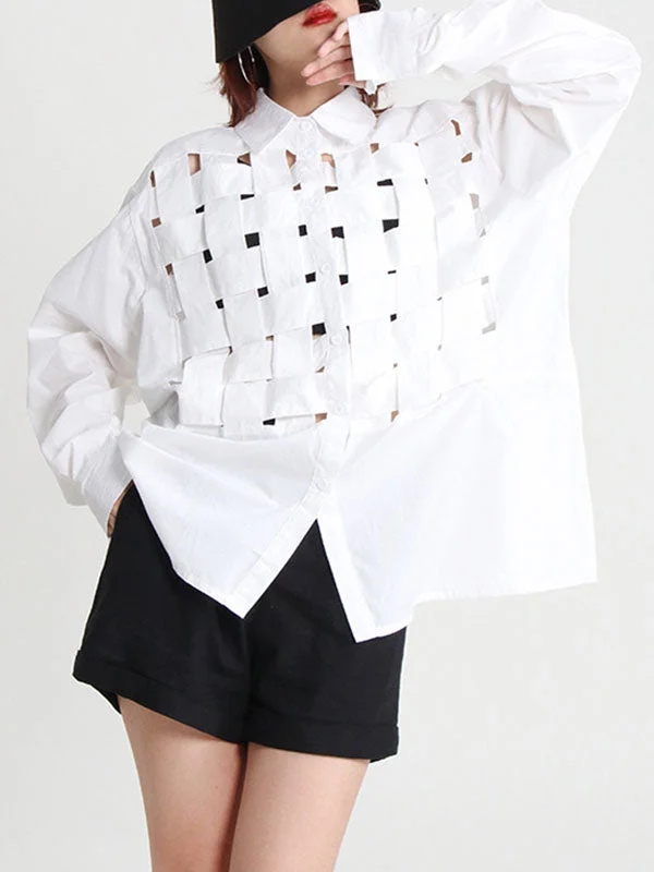 Original Loose White Puff Sleeves Buttoned Hollow Lapel Collar Blouses & Shirts Tops