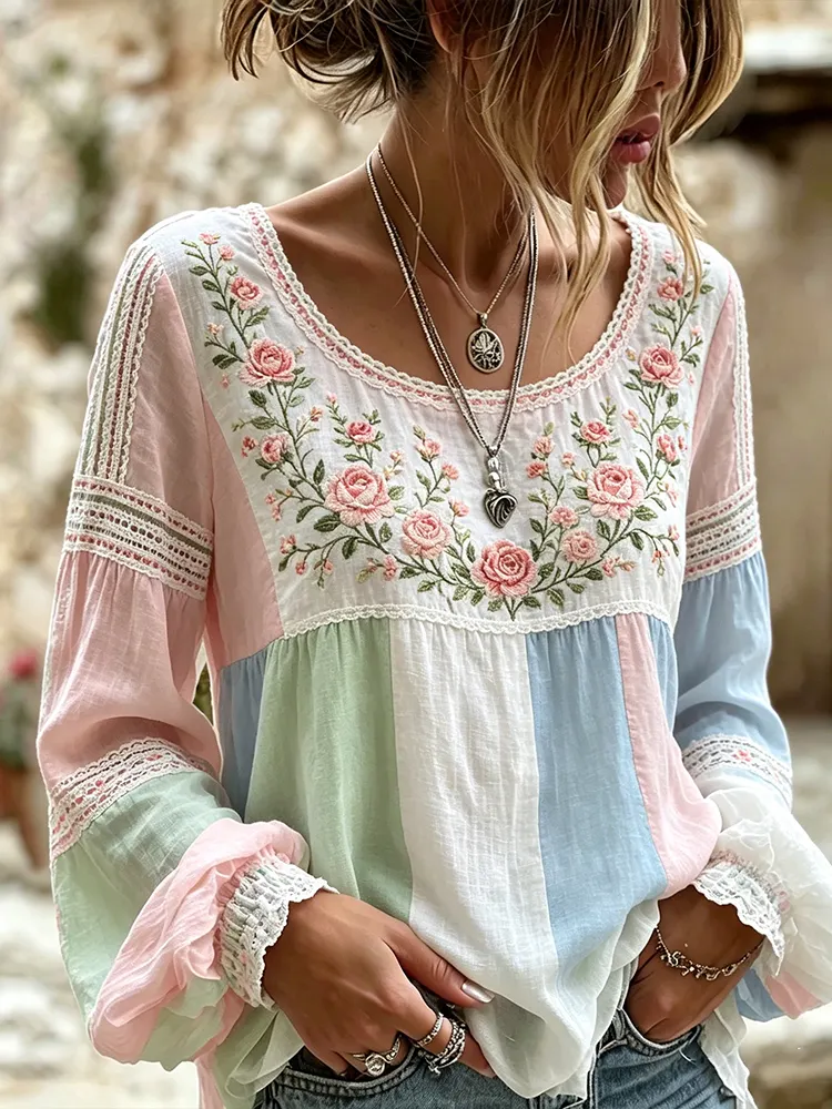 Women's Retro Rose Art Embroidery Color Block Comfortable Cotton Linen Long Sleeve Top elevenforest