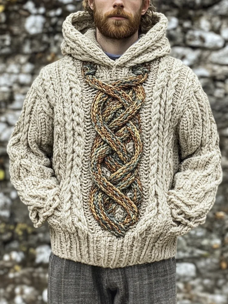 Celtic Knot Knit Pattern Men's Hooded Sweater