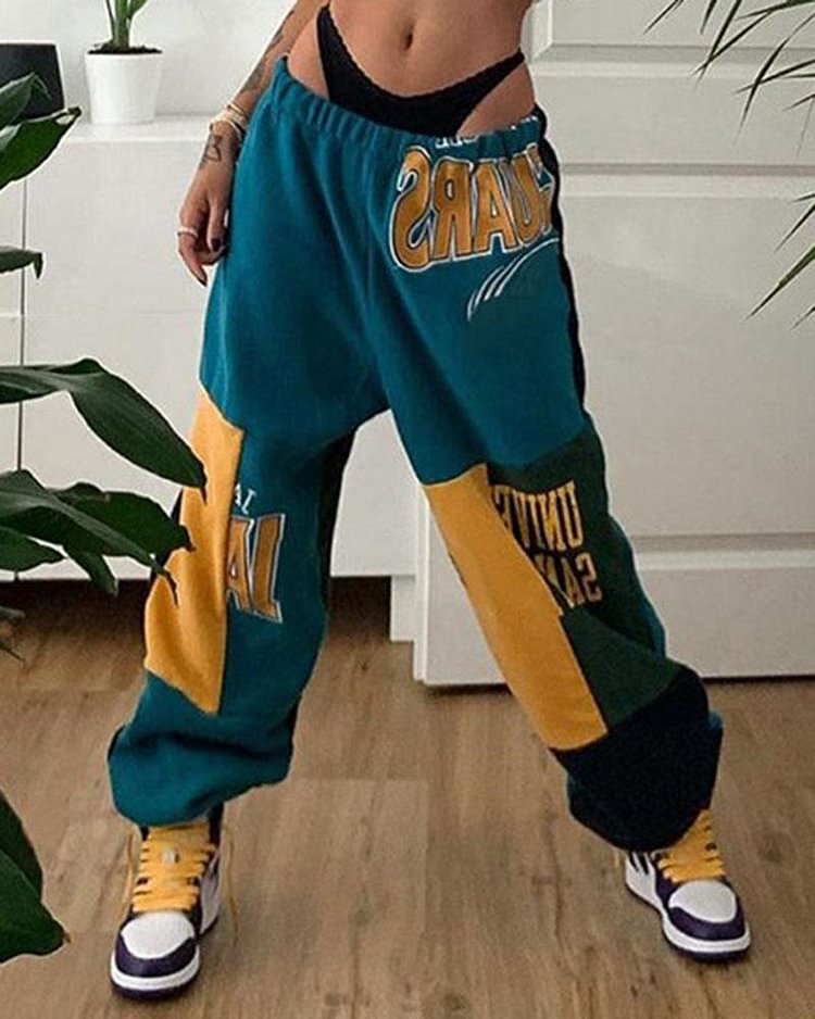 Colorblock & Letter Print High Waist Elastic Waist Sports Pants For Women - Shop Trendy Women's Clothing | LoverChic