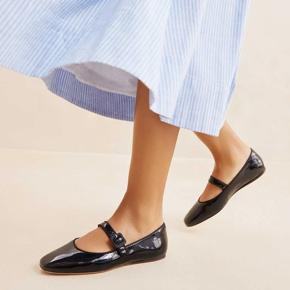 Black Patent Leather Square Toe Mary Jane Flats Slip-On Convenience Nicepairs