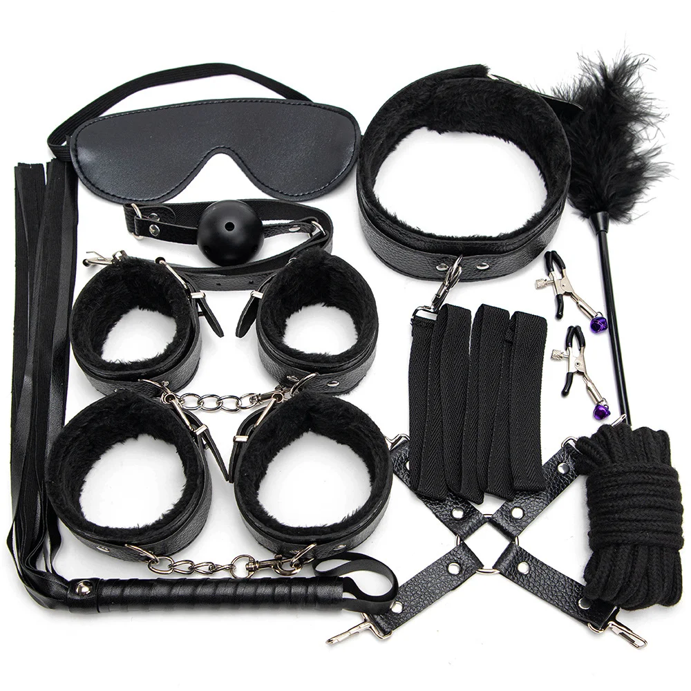 10 PCS Set Couple Flirting Handcuffs Leather Bondage Kits Accessories