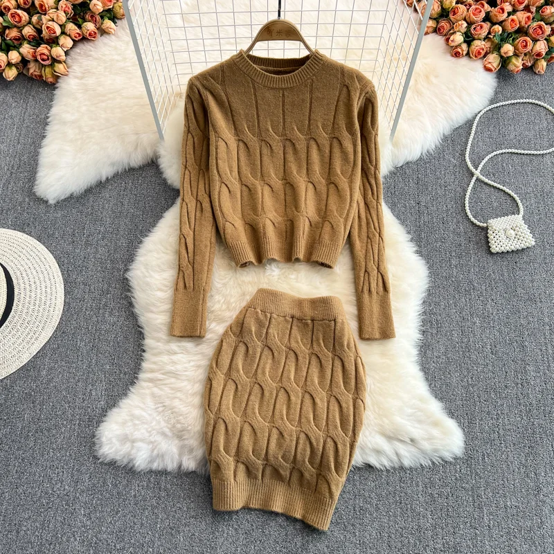 Woherb Women Dress Set 2023 Autumn Winter Fashion Long Sleeve Knitted Tops + Slim Skinny Mini Skirts Korean Two Piece Suits