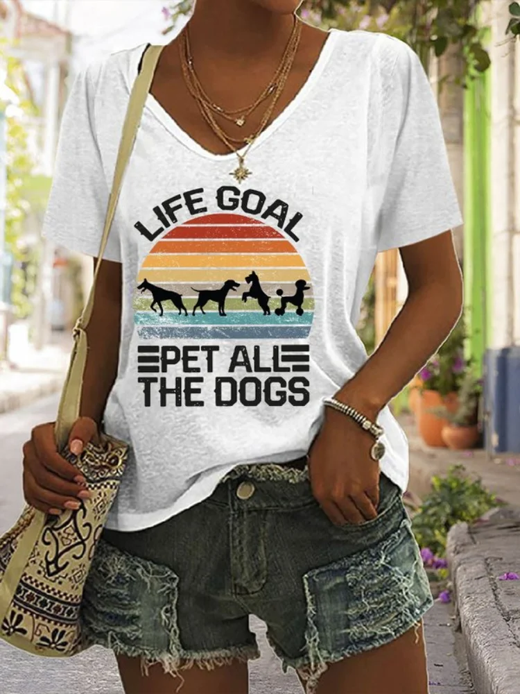 Vefave Colorful Striped Dog and Letters Print T Shirt