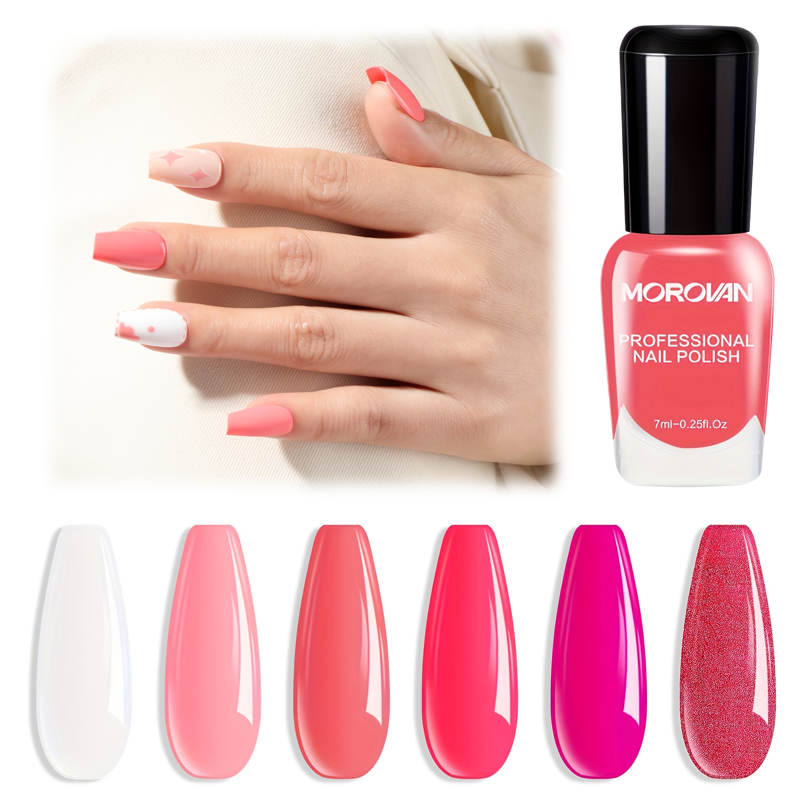 Morovan 6PCS Pink Coral Nail Polish Set, Quick Dry Air Dry Shimmer