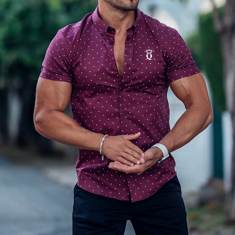 Men's Fashion Crown Q Polka Dots Print Casual Short Sleeve Shirt