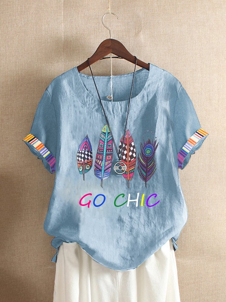 Feather Letter Striped Printed O Neck T shirt P1657665