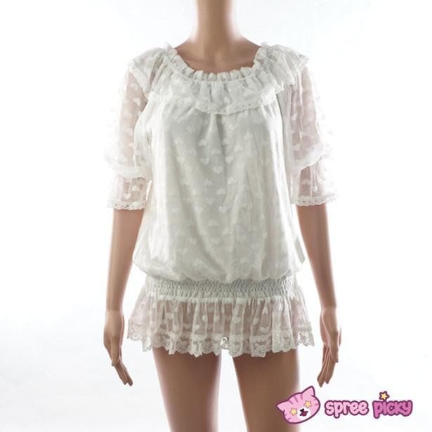 White Sweet Heart Dots Lace Top SP140494