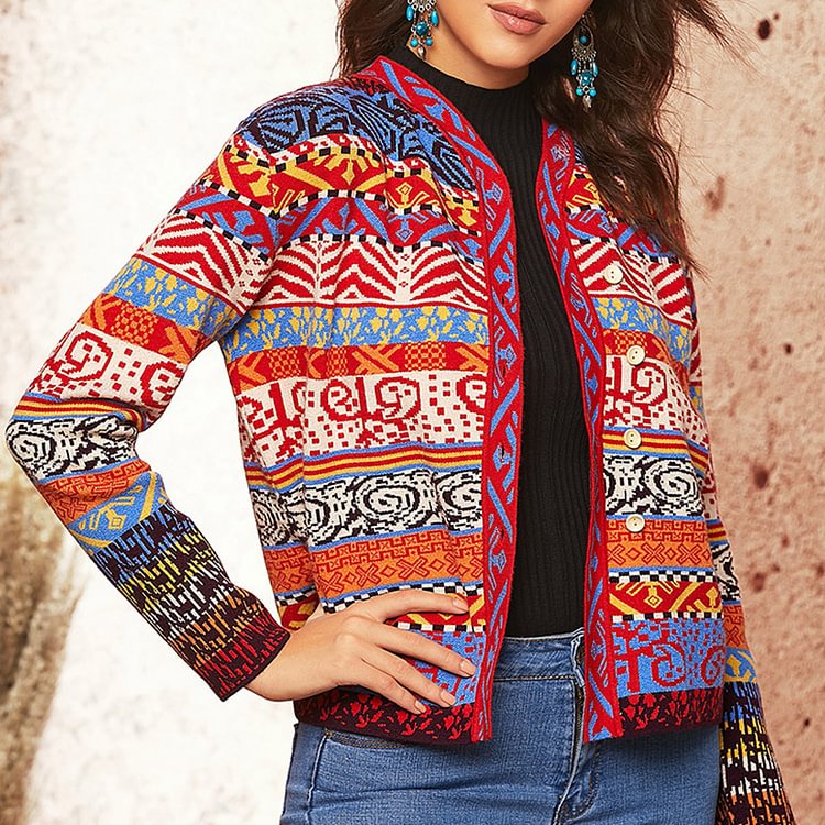 Vefave Ethnic Print Long Sleeve Casual Knit Cardigan
