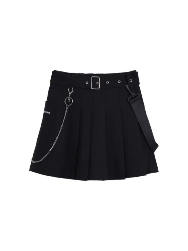 Punk Industrial Chain-trimmed High Rise Pleated Skirt