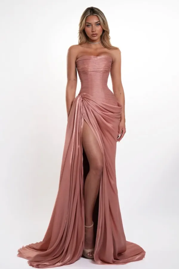 Lussooy Stunning Dusty Rose Strapless Pleated Sleeveless Prom Dress with Split