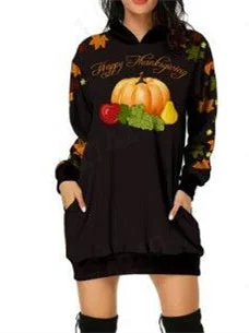 Women's  Halloween Graphic Printed V-Neck Hooded Long Sleeve Maxi Dress