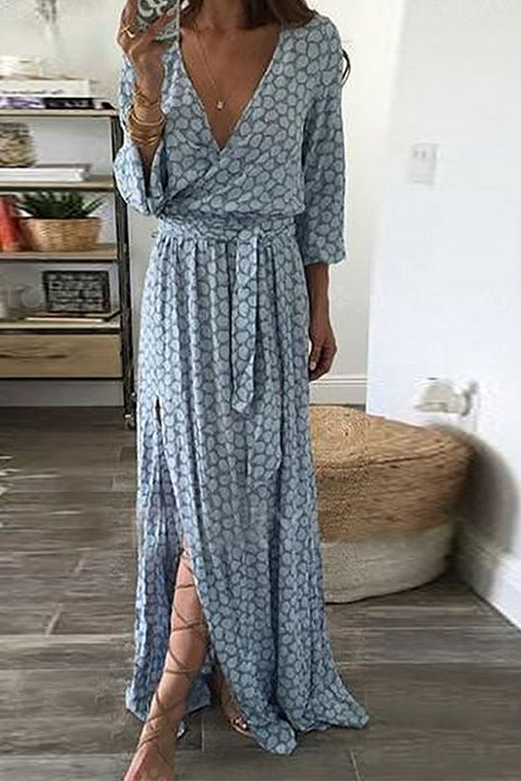 Casual Print V Neck Waist Skirt Dresses