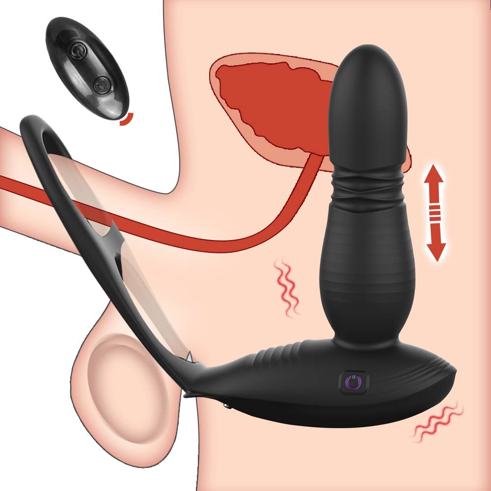 Thrusting And Vibrating Male Prostate Massager With Double Lock Sperm Rings