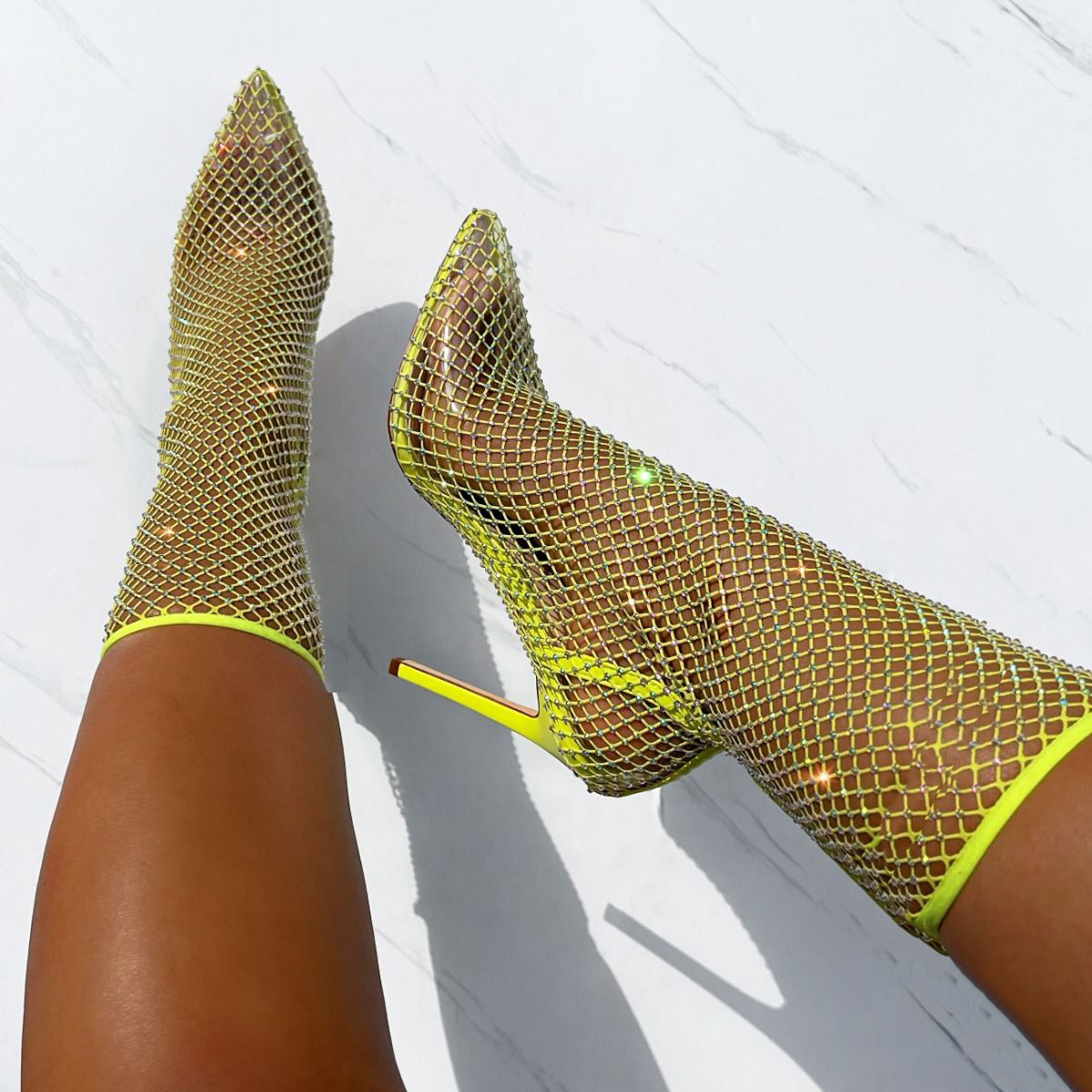 Yellow Leather Mesh Booties Rhinestone Decor Stiletto Ankle Boots