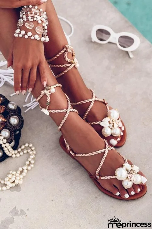 Pearl Lace Up Flat Sandals