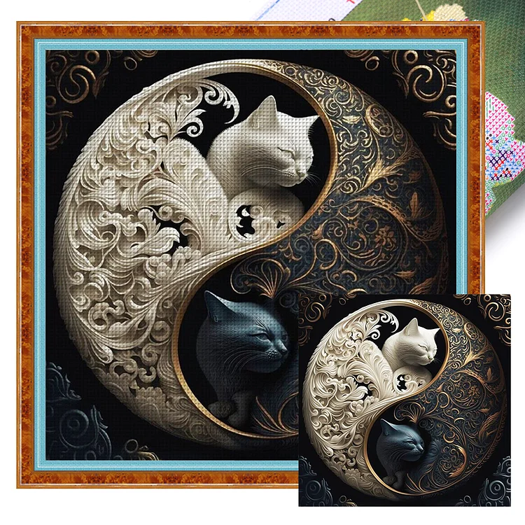 【Huacan Brand】Tai Chi Yin And Yang - Black And White Cats 11CT Stamped Cross Stitch 45*45CM