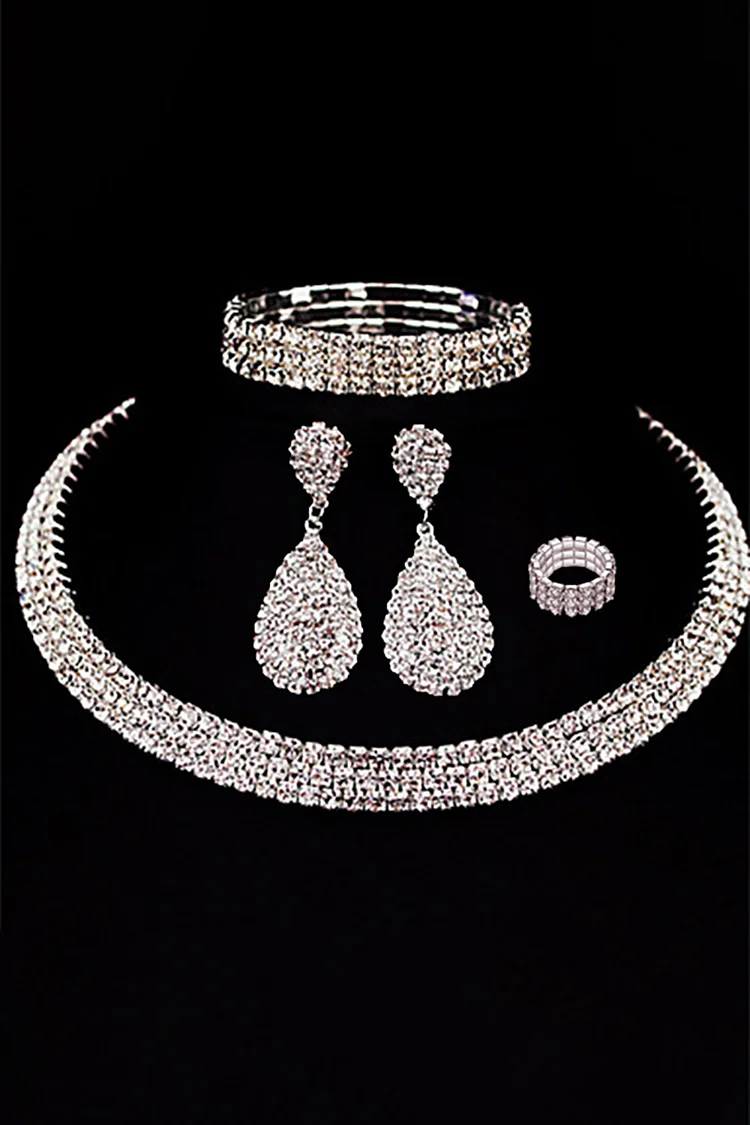 Three-Layered Rhinestone Necklace Ring Bracelet Dangle Earrings Four-Piece Set-Silver