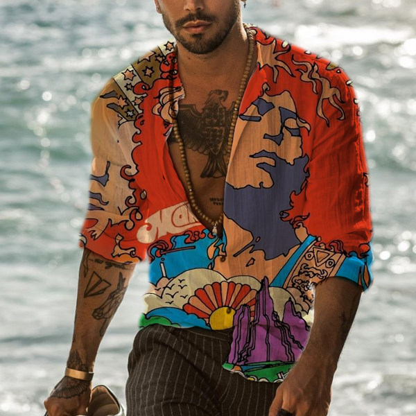 Men's Cotton Linen Print Long Sleeve Shirt
