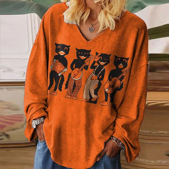 Vefave Halloween Cat Band Print Long Sleeve T-Shirt