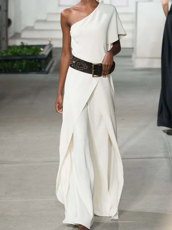 One Side Shoulder Cotton Blended Jumpsuit