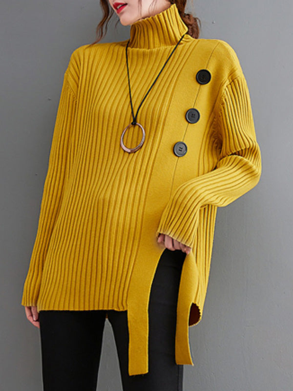 Urban Buttoned Split-Side Asymmetric Split-Joint High-Neck Sweater