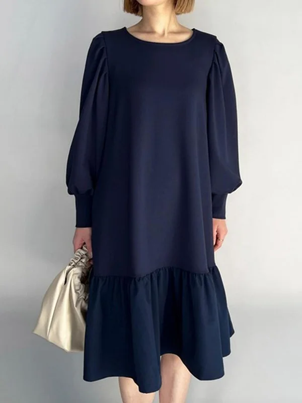 Original Creation Roomy Puff Sleeves Pure Color Round-Neck Midi Dresses