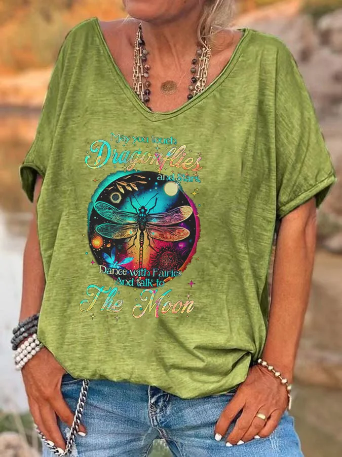 Women'S May You Touch Dragonflies And Stars Print Casual T-Shirt