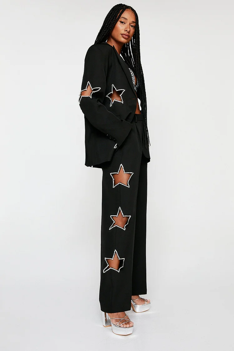 Star Cut Out Rhinestone Blazer Two Piece Pant Set-Black 