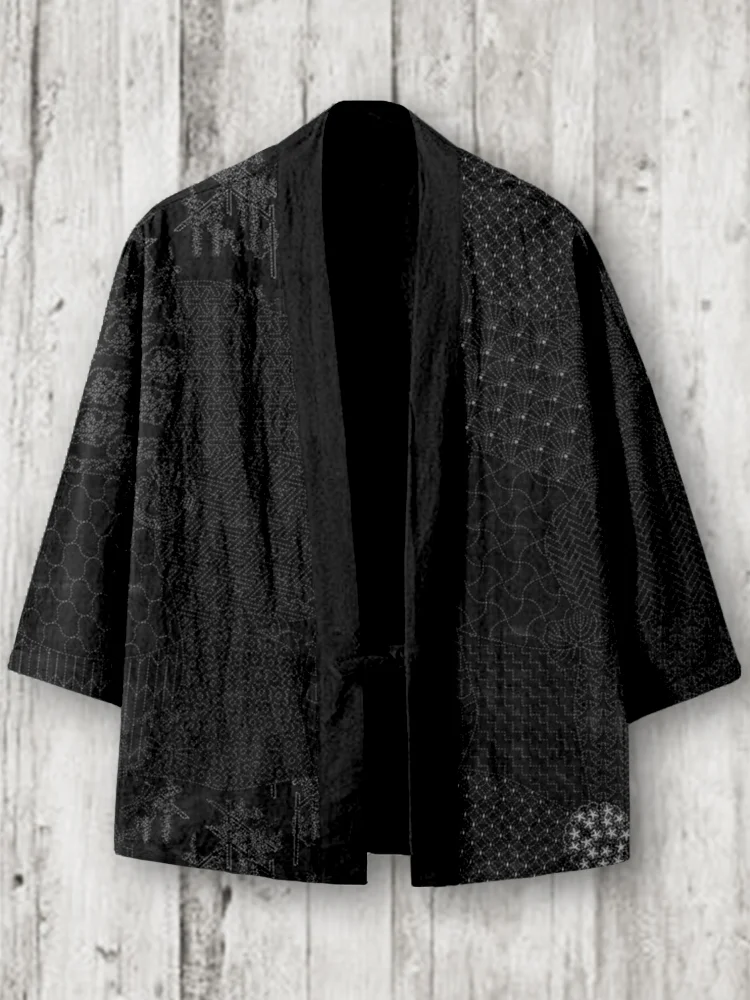 Comstylish Japanese Traditional Sashiko Art Linen Blend Kimono Cardigan