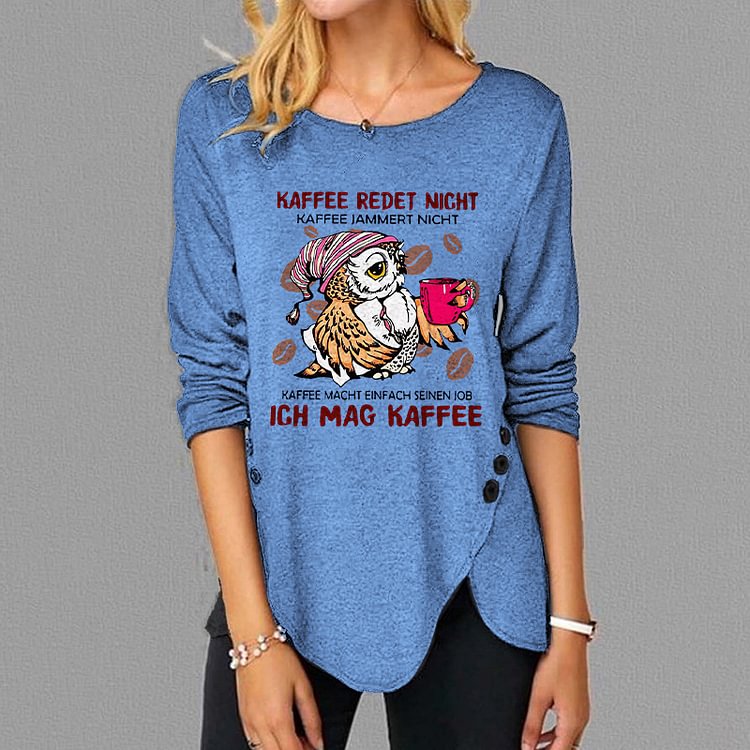 Vefave Owl Print Casual Crewneck Irregular Hem T-Shirt