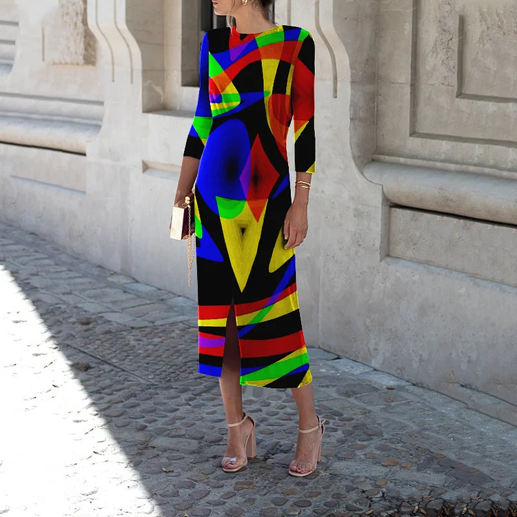 Round Neck Colorful Wave Print Midi Dress