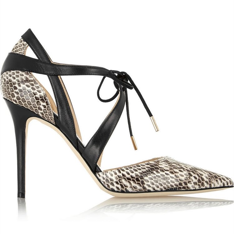 Light Grey Lace up Heels Snake Skin Stiletto Heel Pumps |FSJ Shoes
