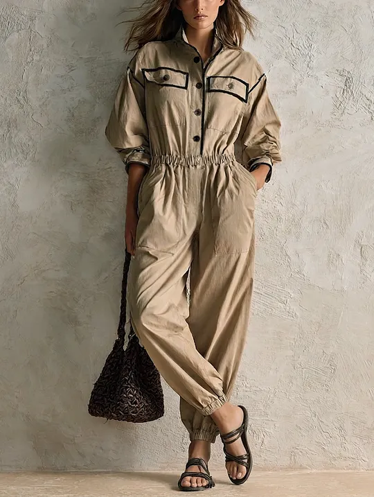 Women's Casual Khaki Woven Long-Sleeve Jumpsuit MD