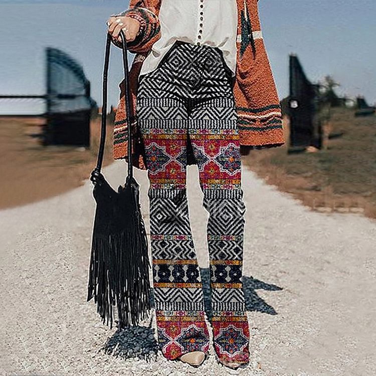 Western Vintage Print Casual Flared Pants
