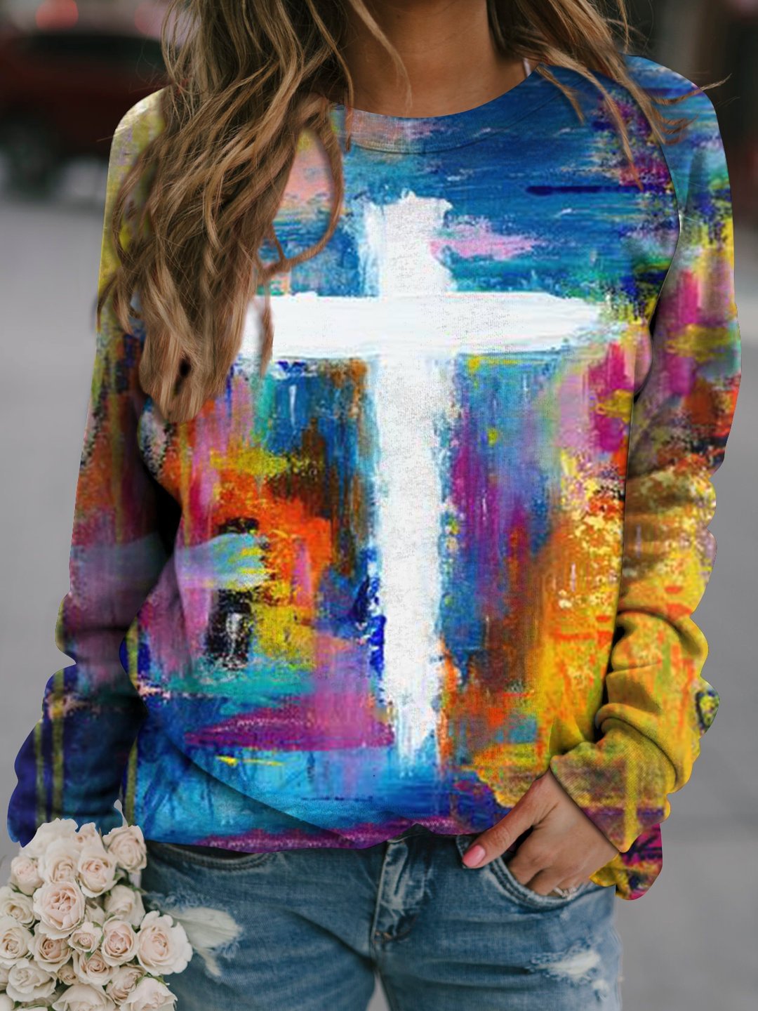 Abstract Cross Oil Painting Art Print Sweatshirt
