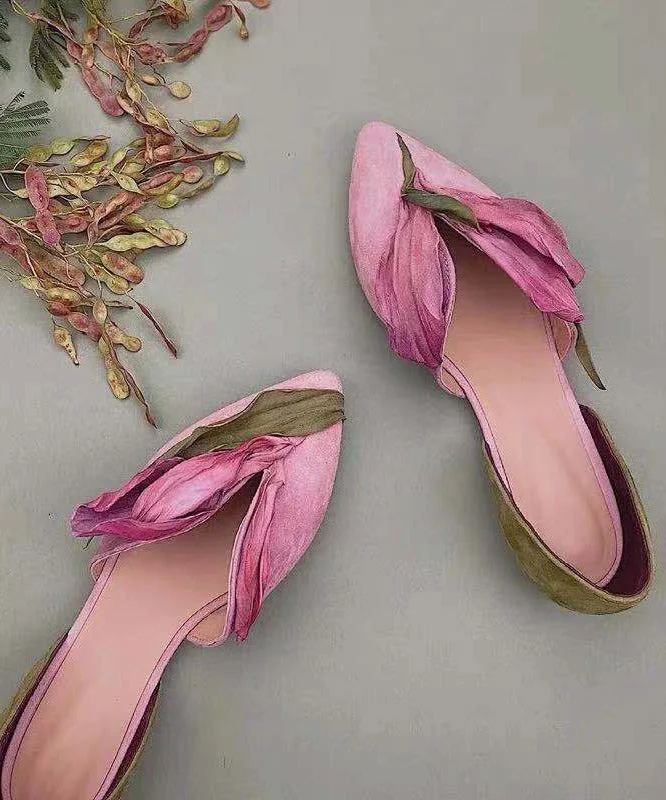 Handmade Green Satins Flower Pointed Toe Flat Shoes