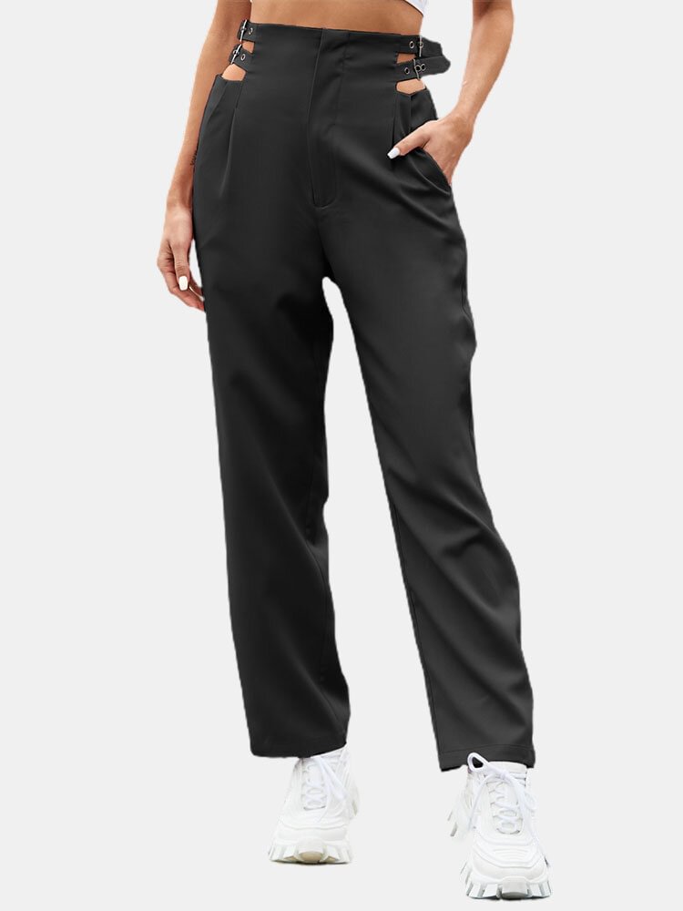 Solid Color Buckle Pocket High Waist Casual Pants For Women