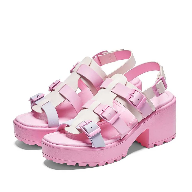 Gladiator-Style Buckled Strappy Platform Chunky Sandals in Pink |FSJ Shoes