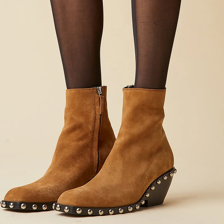 Brown Vegan Suede Ankle Boots Vintage Studded Block Heel Booties |FSJ Shoes