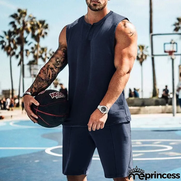 Men Casual Round Neck Loose Solid Color Vest And Shorts Two-Piece Set