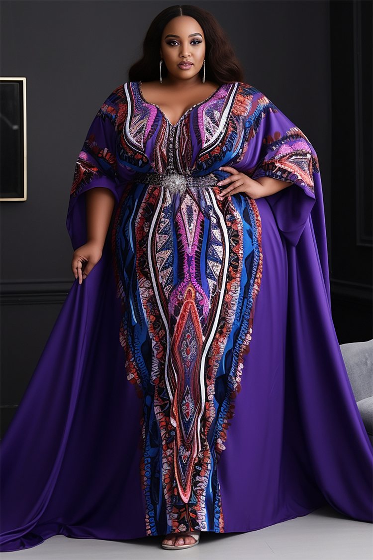 Xpluswear Design Plus Size Ankara Formal Elegant Purple Spring Summer V Neck Batwing Sleeve Maxi Dresses