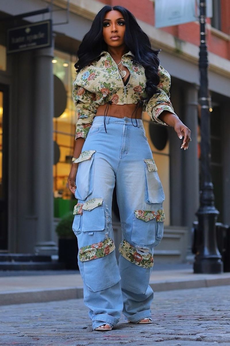 Floral Print Crop Blouse Pocket Washed Denim Pants 2pcs Set-Blue