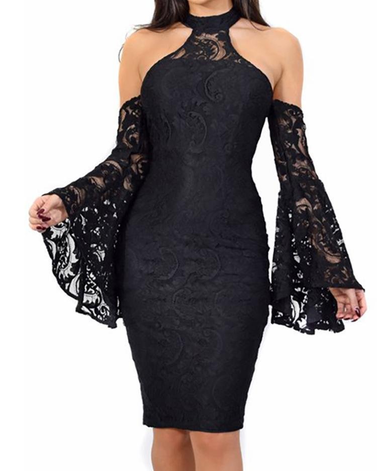 Cold Shoulder Bell Sleeve Lace Bodycon Dress P10869