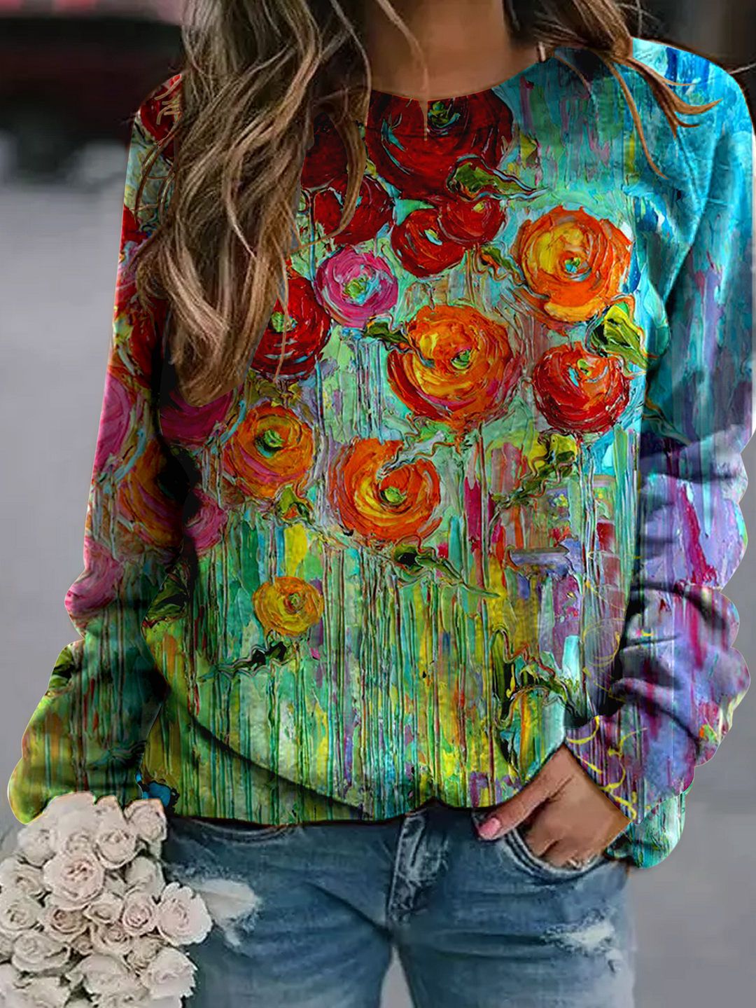 Floral Oil Print Casual Long-sleeved Vintage Sweatshirt